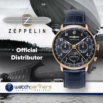 Zeppelin LZ129 Hindenburg Ladies Watch Blu/Blk Dial RGold Case Moon Phase 7039-3 • $749