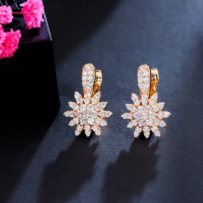 Shiny CZ Zircon Micro Paved Gold Plated Flower Stud Hoop Earrings Bridal Jewelry • $6.20