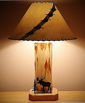 Rustic Cabin Lodge Table Lamp W/Moose Metal Sculpture Lake House Mountain Cabin • $209.95