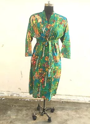 $35.62 • Buy Indian Cotton Green Frida Printed Long Kimonos Dress Night Gown Kimono Robes AU