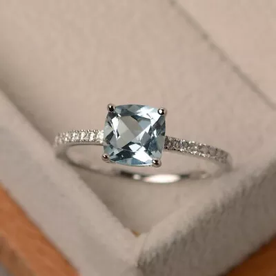14k White Gold Finish 2 Ct Cushion Cut Aquamarine Diamond Solitaire Wedding Ring • £69.99