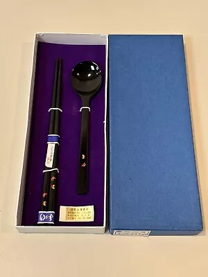 Vintage Japanese Black Lacquered Wooden Spoon & Chopstick Set In A Box • $19.99