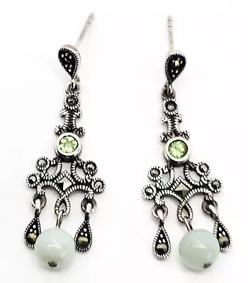 Green Jade Peridot And Marcasite Sterling Silver Drop Chandelier Earrings • $45