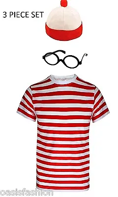 Men's Where's Nerd Red & White Stripe Fancy Dress Fresher Costume World Book Day • £10.99