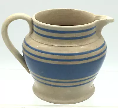 Antique Stained Mochaware Creamware 4  Banded Pitcher Creamer Blue Handled • $82.95