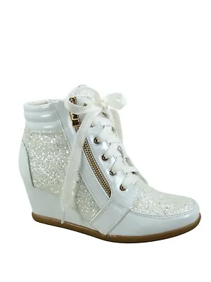 Women's Shiny Patent Glitter Ankle Wedge Lace UP  Party Sneaker Booties Shoes • $35.09