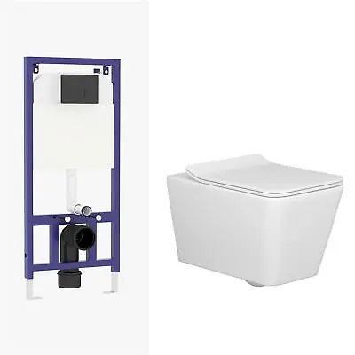 Wall Hung Toilet Rimless Pan Soft Seat & Dual Cistern Frame WC Black Flush Plate • £129.99