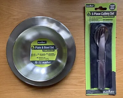 Stainless Steel Plate Bowl Cutlery Set Camping Outdoor Park Hiking Travel Summit • £11.66
