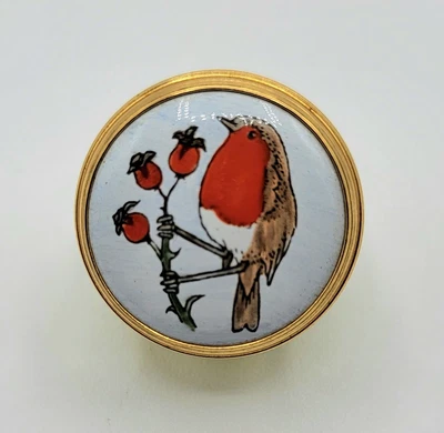 $24.99 • Buy Vntg Crummles England Mini Button Trinket Pill Box Yellow Base Bird Rose Hips 1 