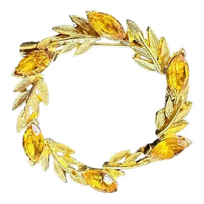 Estate Jewelry Vintage Citrine Round Brooch 1 1/4 Beautiful Leaf Wreath Gold Pin • $35