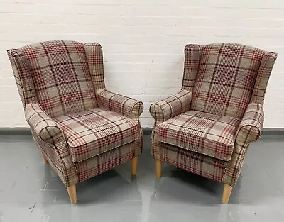 2 X Next Sherlock High Back Armchairs In Tweedy Check Elswoth Raspberry Pink VGC • £595