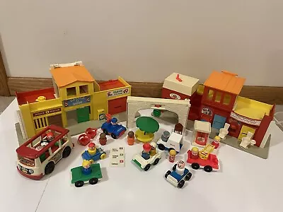 Vintage Fisher Price Little People Family Mainstreet Village School House & Bus • $95