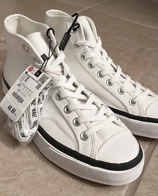 $32 • Buy NWT Zara Men’s  White W/Black Trim High Top Shoes Sneakers Zara Laces 7 / $49.90
