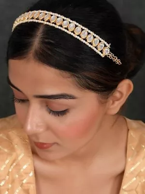 Women Gold Plated White Kundan Studded Pearl Matha Patti Matha Patti Headband • $29.99