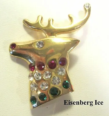 Eisenberg Ice Christmas Rhinestone Reindeer Brooch Pin Gold Tone Setting • $34.95