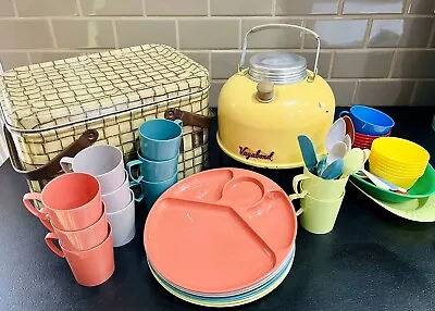 Retro Metal Picnic Basket W/Vagabond Jug & Plastic Plates Cups & Utensils • $65