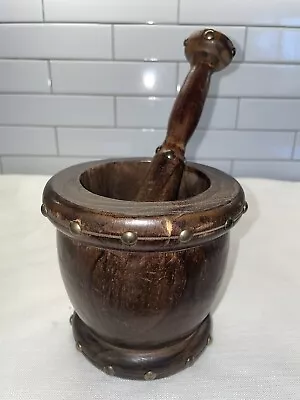 Vintage Wood Mortar & Pestle W/Brass Accents 5”x4.5” • $25