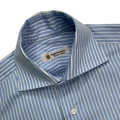 Mens 14.5  Domenico Vacca Light Blue Stripe Cotton Dress Shirt Made Italy • $39.95