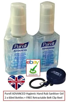 2x Purell ADVANCED Hygienic Hand Rub 60ml Sanitiser Gojo 9650 + Belt Clip Reel • £8.17