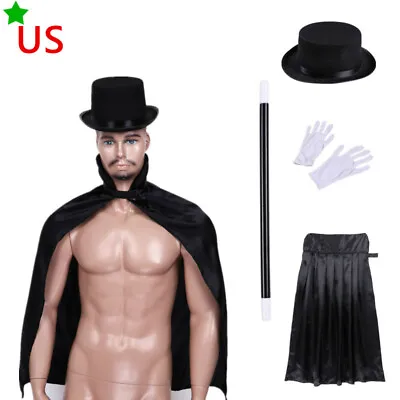 US Kids Magician Costume Hat Black Cape Cloak Magic Wand White Gloves Halloween • $15.03