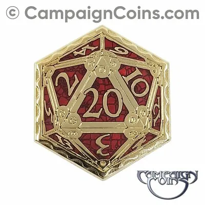 $7.67 • Buy D20 CRIT PIN - RED / GOLD Crits Or Fails Metal Dice Badge RPG Campaign Coins