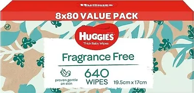 Huggies Thick Baby Wipes Fragrance Free 640 Pack (8 X 80 Pack)Packaging May Vary • $29.99