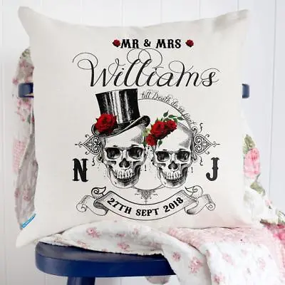 Personalised Wedding Gift SKULL GOTHIC Cushion Cover MR & Mrs Anniversary KC68 • £12.95