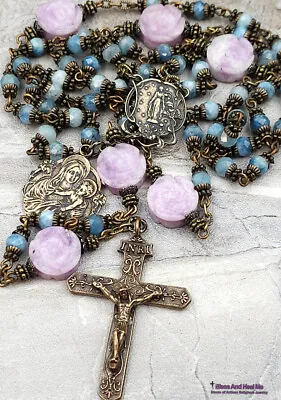 Miraculous Mother Mary Roses Aquamarine Vintage Bronze Ornate Rosary • $176
