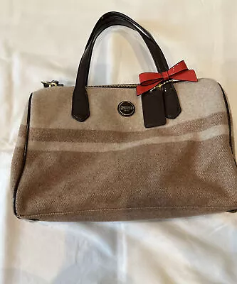 COACH Wool Blend Signature Stripe Tote Two Tone Tan W/ Brown Patent Trim • $35