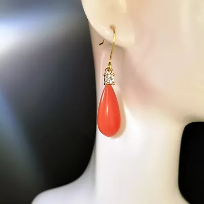 Stunning Salmon Color Vintage Coral Stone Dangle Teardrop Hook Earrings • $13.94