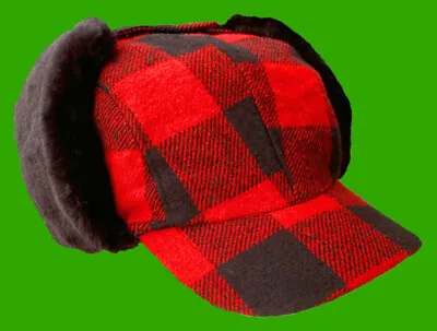  Elmer Fudd  Hunting Hat Dog Ear-Flaps Red-Black Wool Buffalo Plaid-SMALL • $21.99