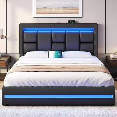 LED Full/Queen Bed Frame With Headboard Upholstered Platform Lift Up Storage Bed • $295.89