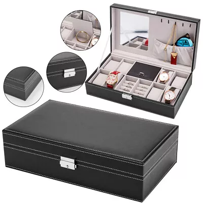 Black Jewelry Box 8-Slot Watch Organizer Storage Case Box With Lock And Mirror • $23.89