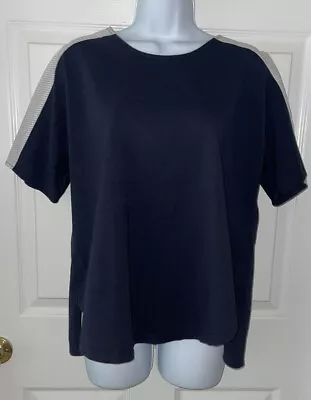 Madewell Sz Small Blue White 100% Cotton Oxford Panel Tee Split Back EUC • $14.44