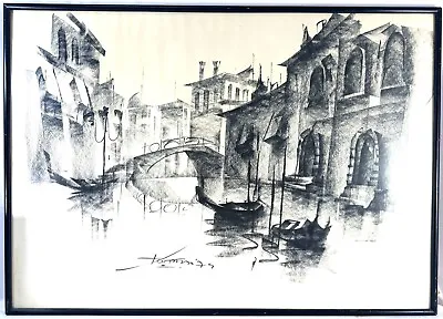 Vintage Drawing Charcoal Abstract Canals Venice Gondola Signed Artist Dated Art • $117