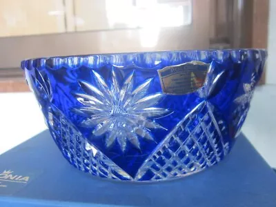 Polonia Crystal Deep Blue Crystal Hand-Cut To Clear Bowl Poland With Box Unused • $100