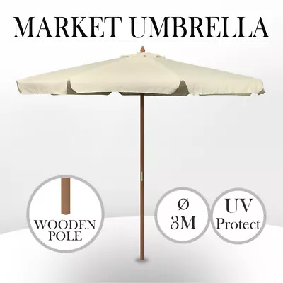 $71.20 • Buy 3m Wooden Pole Umbrella Outdoor Patio Deck Market Garden Shade Wood Cafe Beige