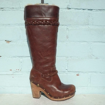 £54.50 • Buy UGG Leather Boots UK 4.5 Savanna Sheepskin Clog Studs Pre-loved Brown Platform