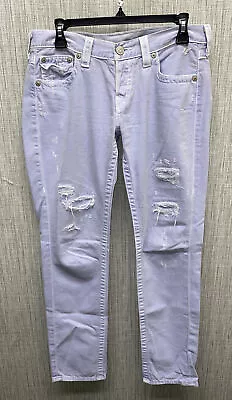 True Religion Cameron Womens Purple Distressed Made Pants Sz 27 X 31 Button Fly • $24.99