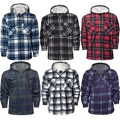 Mens Hooded Fleece Lumber Jack Shirt Fur Lined Padded Sherpa Jacket Worker Warm • £22.89