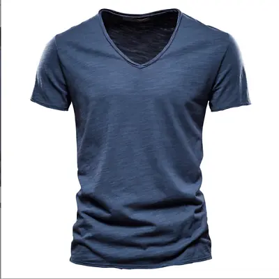 $13.98 • Buy Mens V Neck T Shirt Short Sleeve Slim Fit Casual Plain Tee Top Soft Cotton