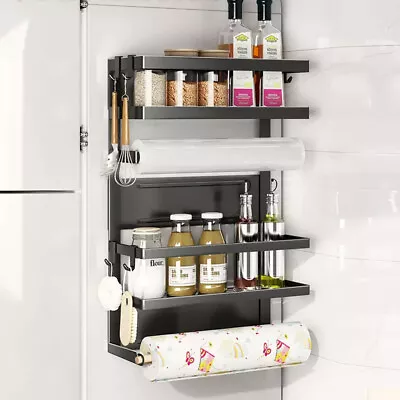 Spice Rack Magnetic Shelf Refrigerator Spice Organizer W/Paper Towel Holder Roll • £14.95