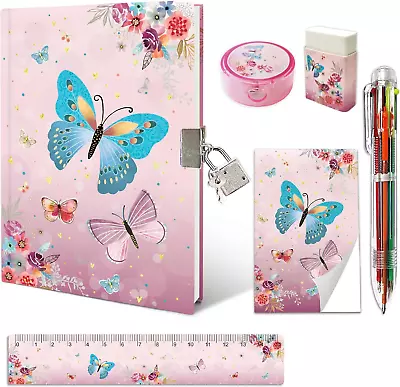 Kids Diary With Lock  Butterfly Journal And Pen Set Girls Includes 7.1X5.3 Inch • $23.89