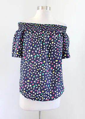 J Crew Navy Blue Off The Shoulder Top In Ratti Happy Cat Print Size 6 Blouse • $24.99