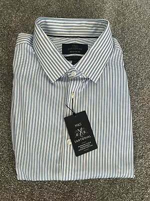 M&S Sartorial Men’s White & Blue Striped Shirt 17.5” Regular Brand New With Tag • £9
