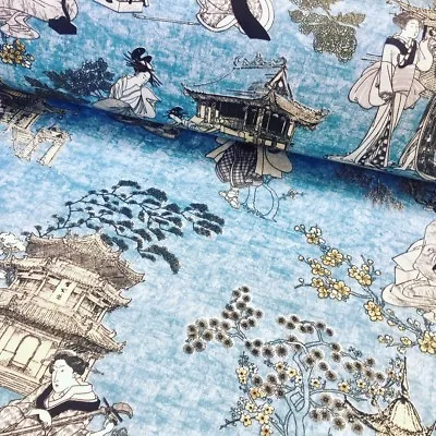 £0.99 • Buy Geisha Japanese Pagoda Oriental Twill Curtain Fabric Material 140cm Wide Blue