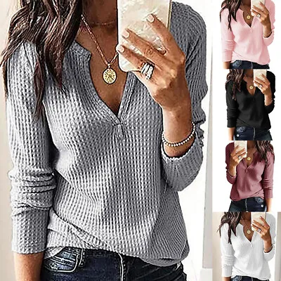 Plus Size Women Ribbed V Neck Long Sleeve Tunic Tops Casual Loose T Shirt Blouse • £11.49