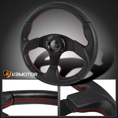 Black Leather 3-Spoke Red Stitches Race Steering Wheel W/Horn Button • $36.08