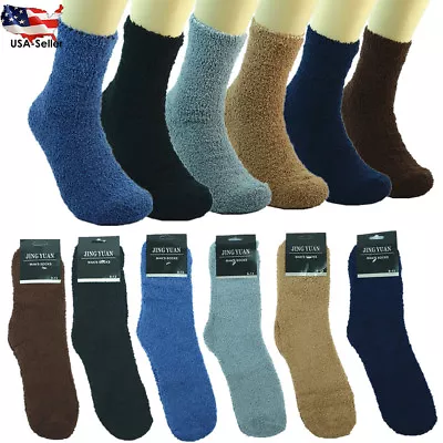 6 Pairs Men Soft Cozy Fuzzy Winter Warm Solid Slipper Crew Socks Size 9-13 • $9.99