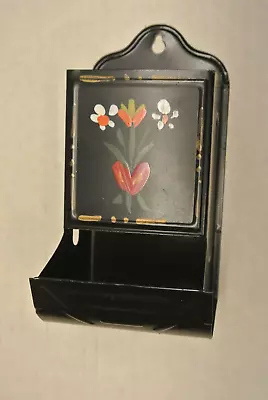 Vintage Tin Metal Match Box Holders Wall Mount Black With  Flowers • $10.99